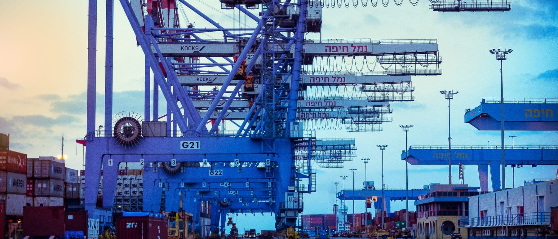 Grúas pórtico y contenedores en una terminal portuaria